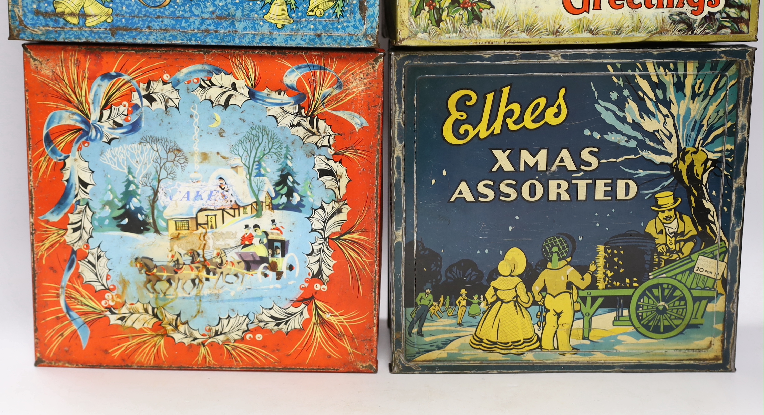 A group of vintage Christmas biscuit tins, including Elke, Huntley and Palmer and Cooperative Wholesale Society (5)